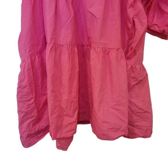 A New Day Women's Hot Pink Cotton Puff Sleeves Baby Doll Tiered Dress w Pockets - Picture 10 of 16